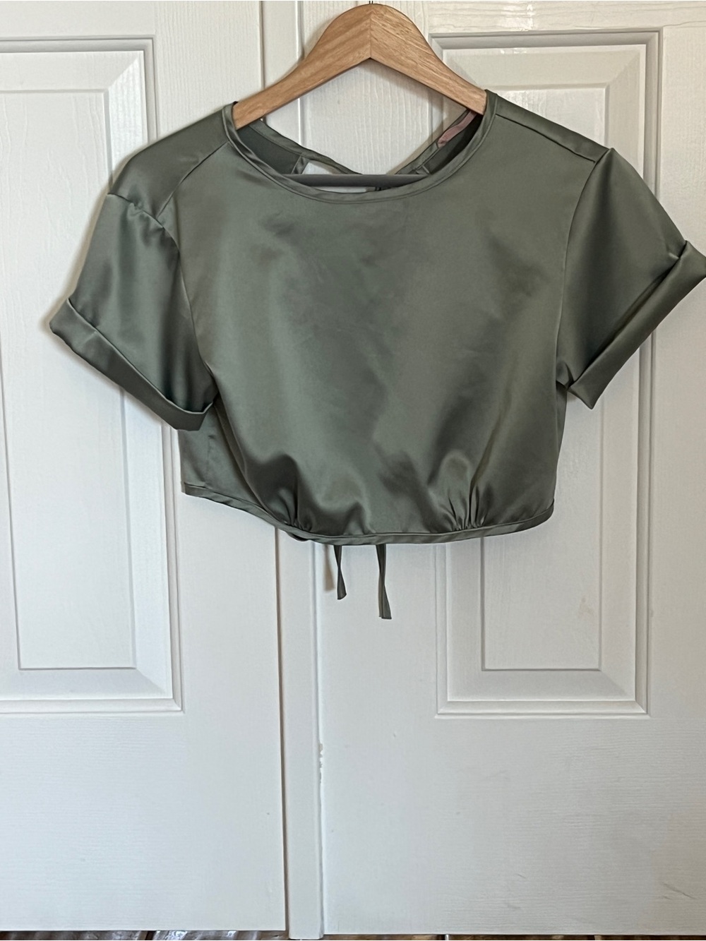 Satin Whimsigoth fairy open back, 2 tie closures Cropped Top- Olive Green
